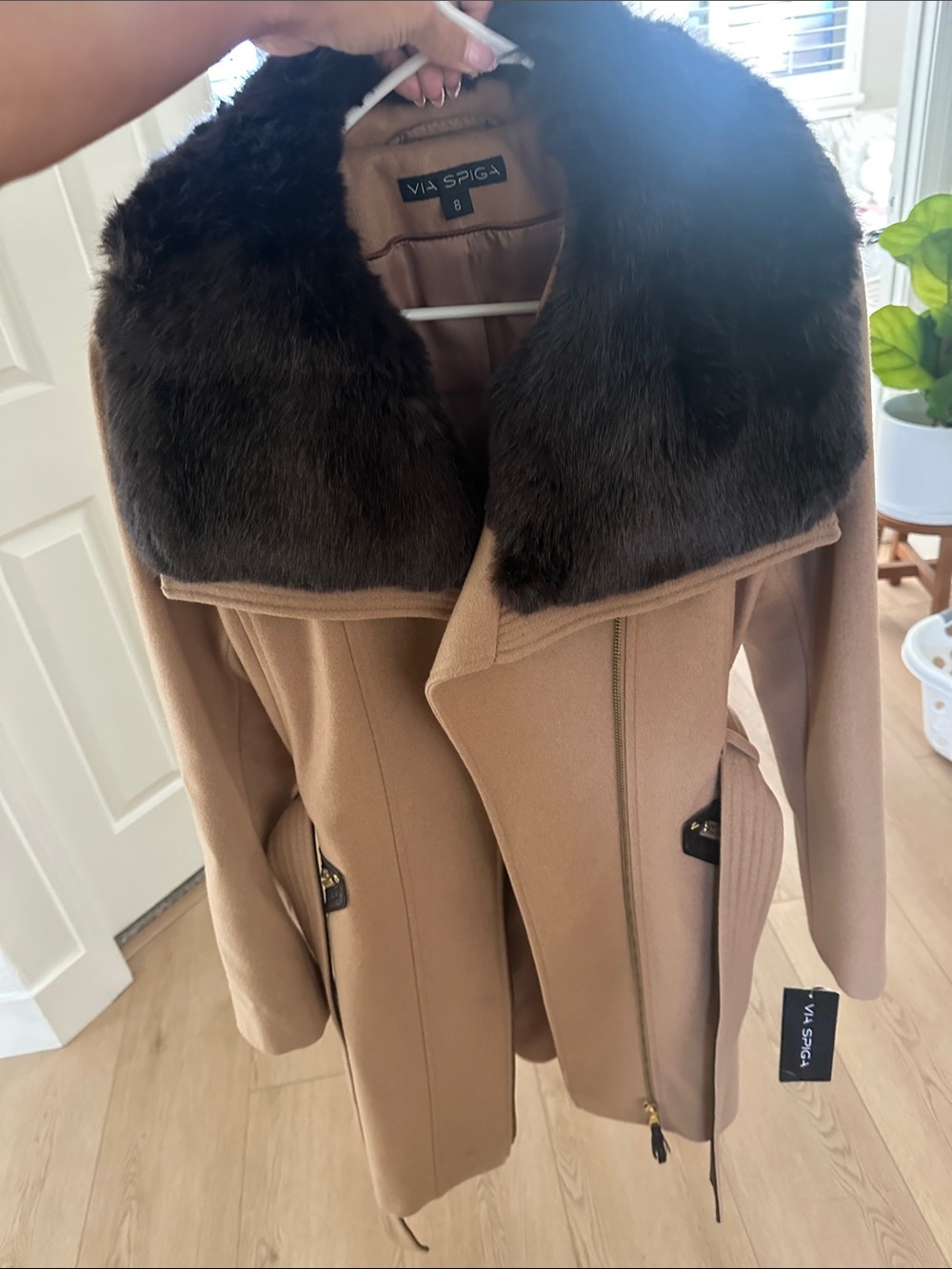 Via Spiga Camel Trench Coat with Dark Brown Faux Fur Collar